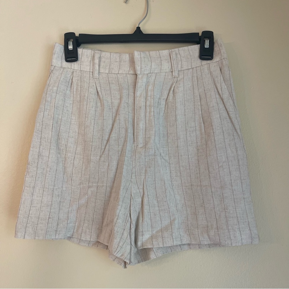 Linen Blend High Rise Pleated Shorts S Neutral Stripe Pockets Minimalist Summer - Picture 2 of 5